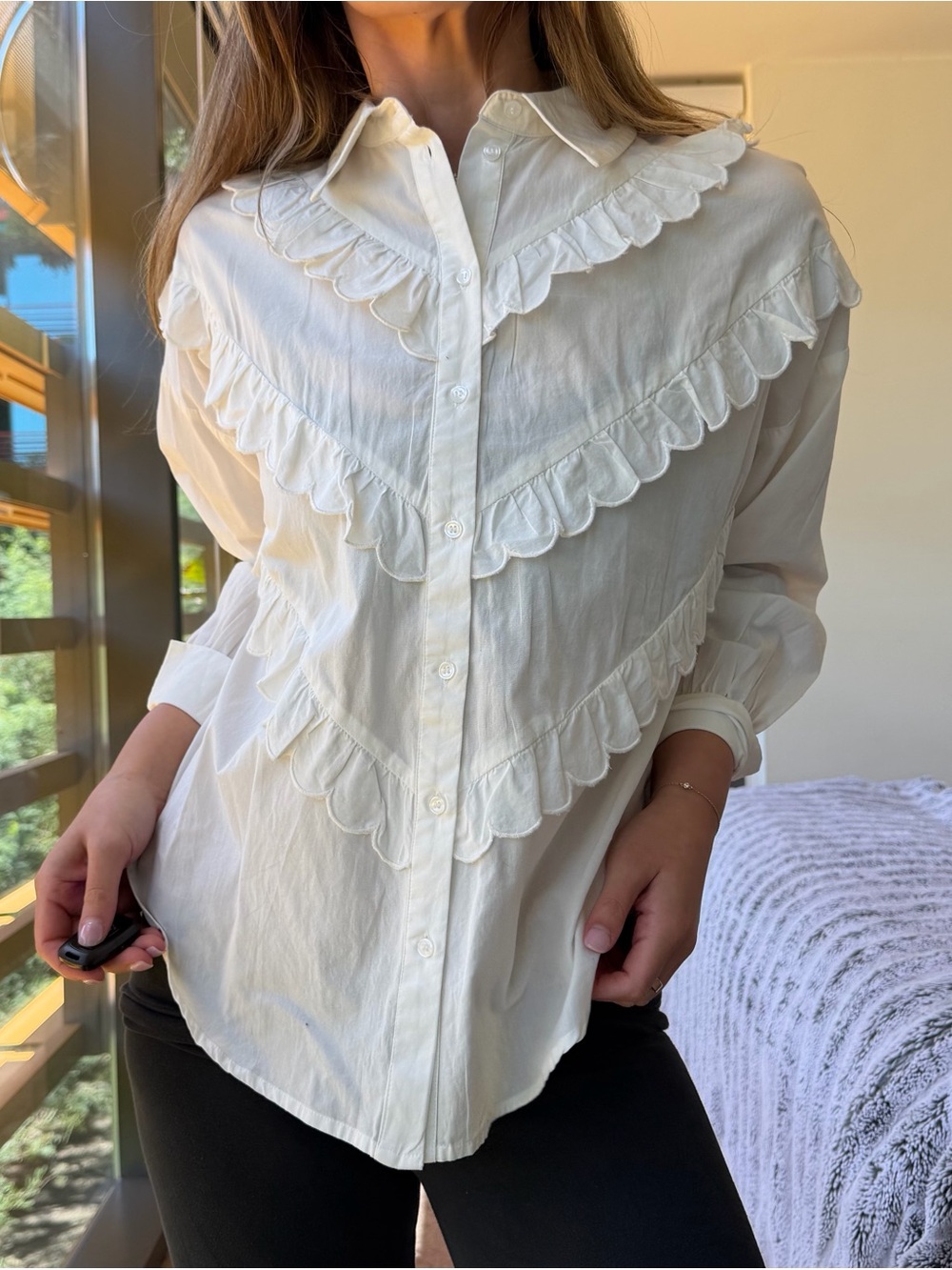 Vero Moda White Ruffle White Button Down Top